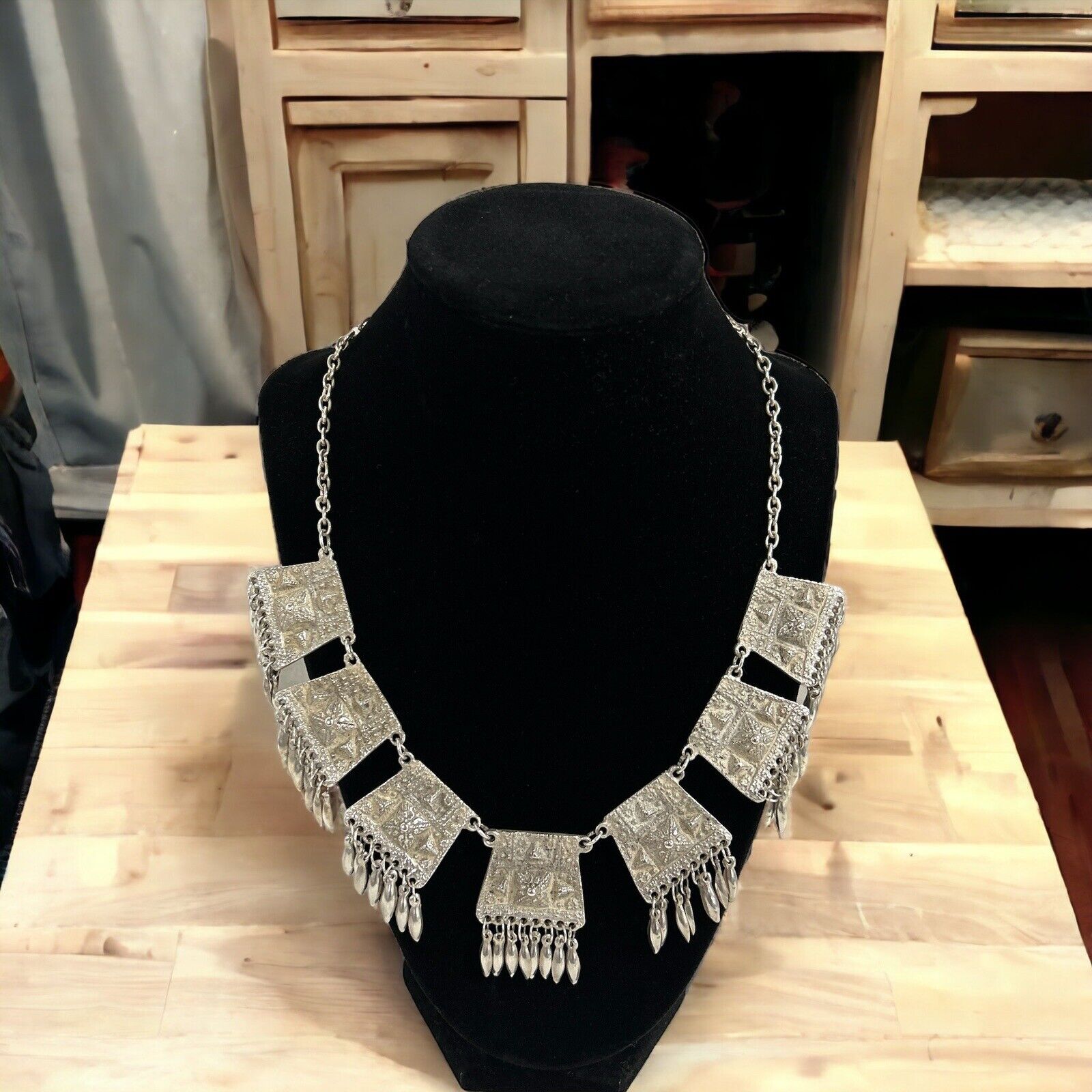 Vintage 900 Stamped Sterling Silver Mexico Aztec Fringe Link Choker Necklace